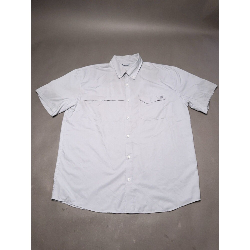 Huk Men's Fishing Shirt XL Light Gray Short Sleeve Button-Up Collared Pockets